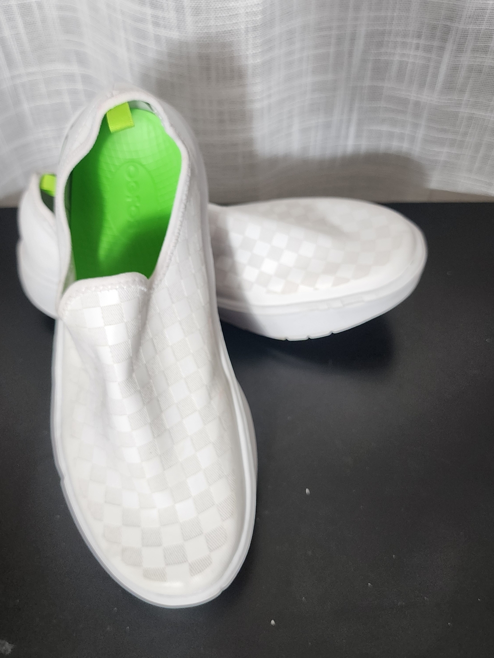 OOFOS Women's White Slip-On Athletic Shoes with Neon Green Insole